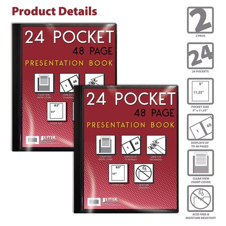 Better Office Products Presentation Book W/Clear Frt Pocket, 24 Pockets, Black, 85in x 11in Clear pkts, Art Portfolio, 2PK 32024